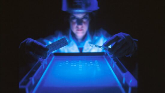 DNA Fragmentation. A dye marker on agarose gel used to separate DNA by a female scientist. The smaller fragments move faster, the larger ones move slower. This separation process is used to analyyze the size of DNA fragments, to map DNA, to separate fragments of DNA to create clones.