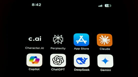 All famous AI chat apps like Character.AI, Perplexity, Claude, Copilot, Chat GPT, Deepseek, Gemini with Appstore icon on an iphone screen.