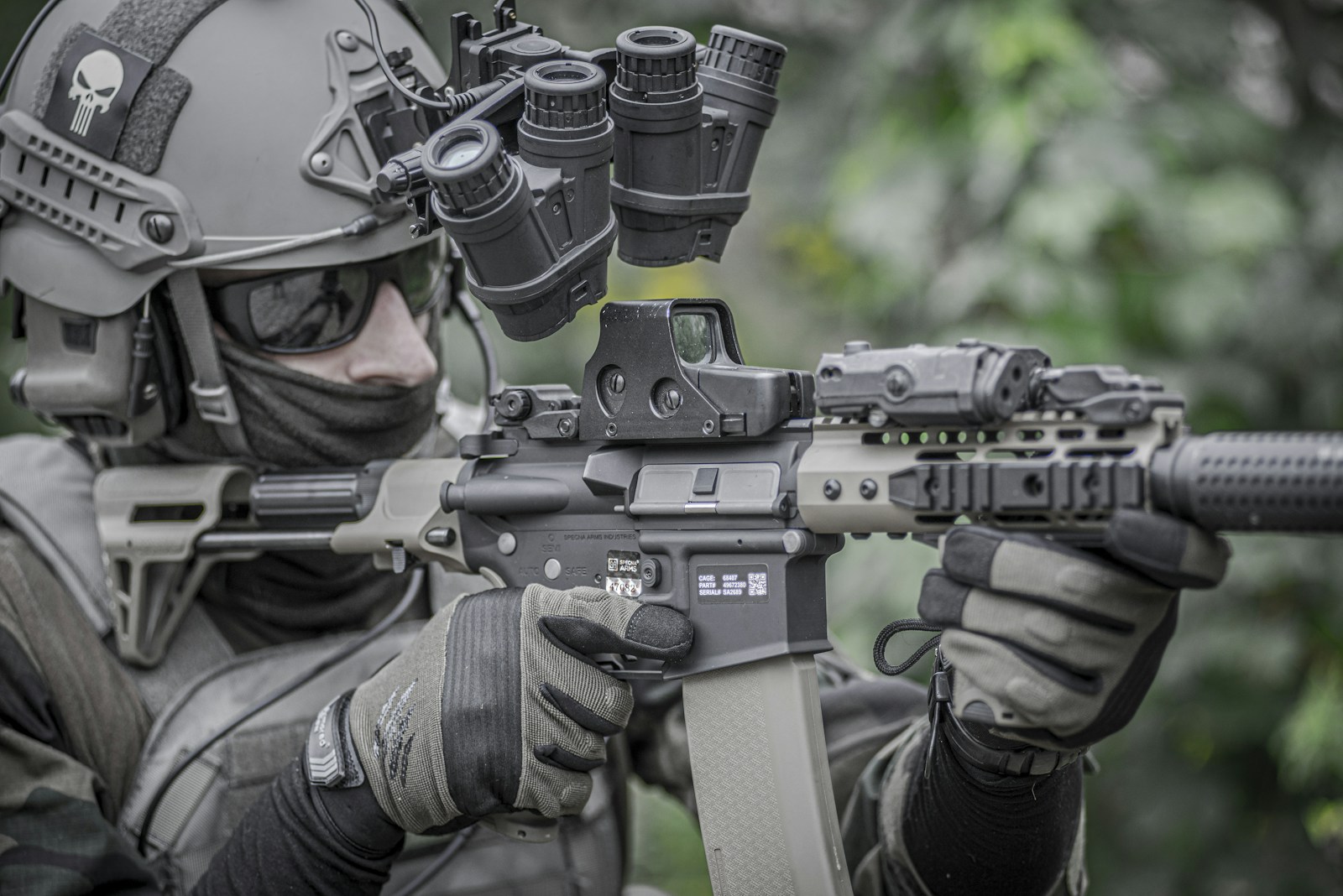 Military man, army, soldier in tactical uniform with carbine and tactical gloves.