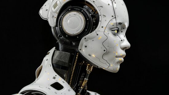 A face of a humanoid robot, side view on black background