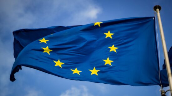 Flag of the European Union in front of the EU-Parliament in Brussels, Belgium